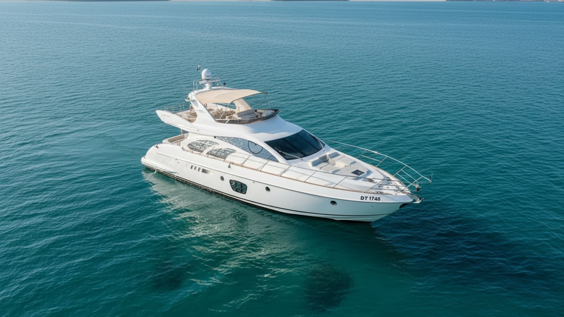 Вид с высоты на яхту Paradise Queen 55 ft, скользящую по водам Дубая