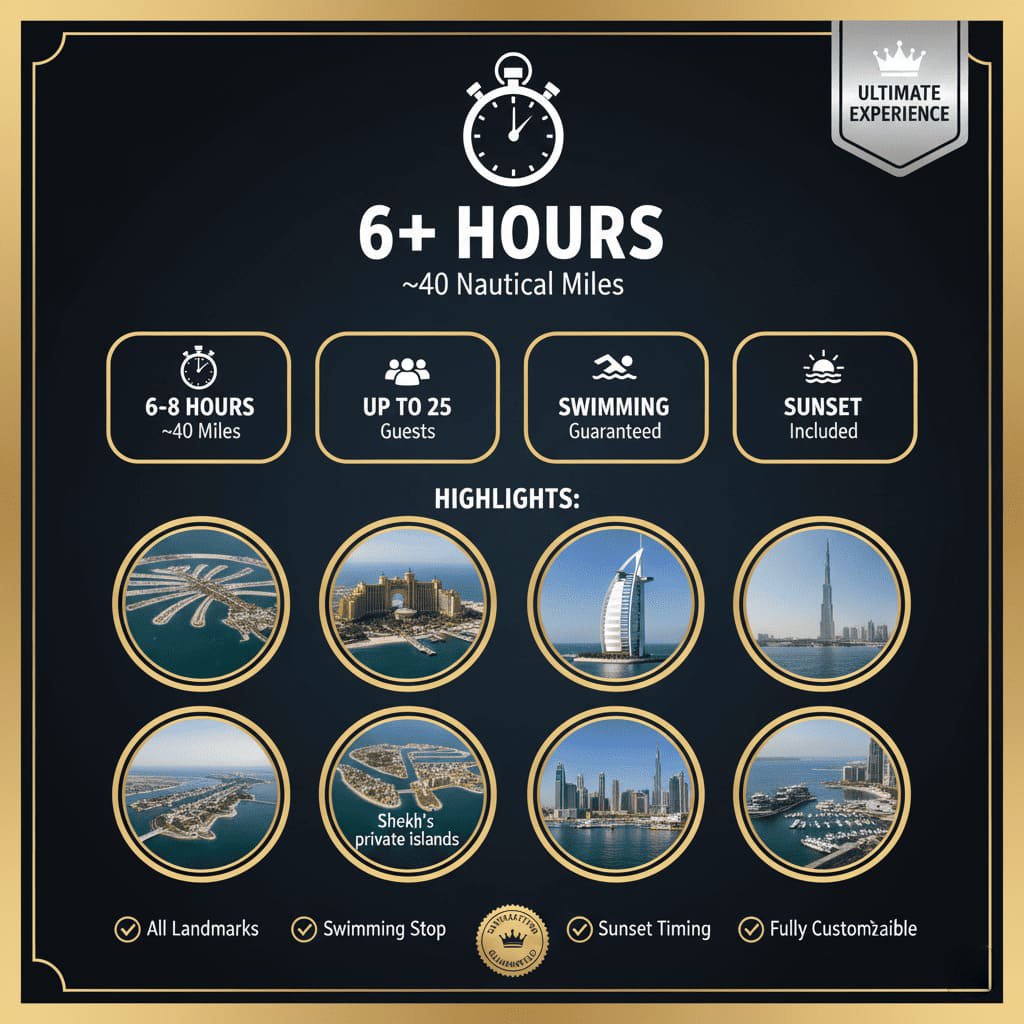 Comprehensive Dubai full-experience yacht tour route highlights.