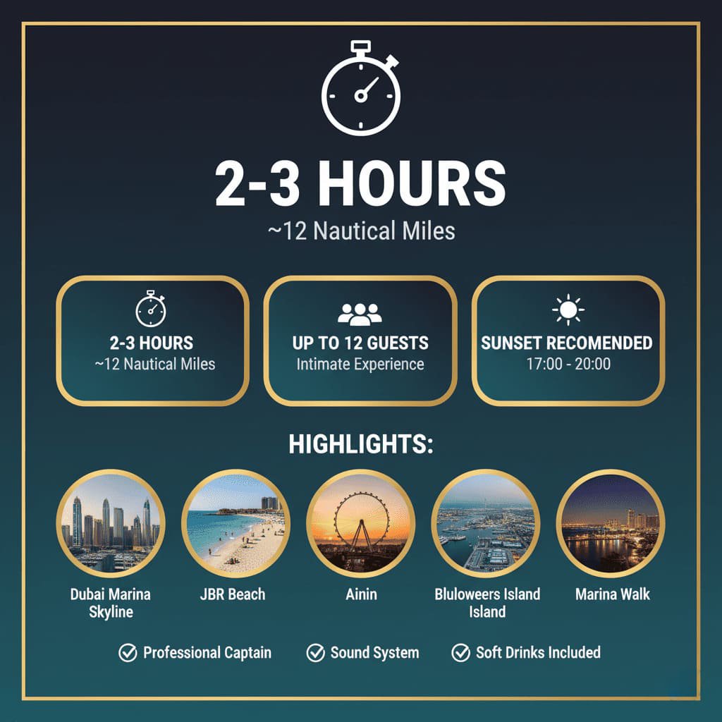 Dubai Marina JBR yacht tour route experience.