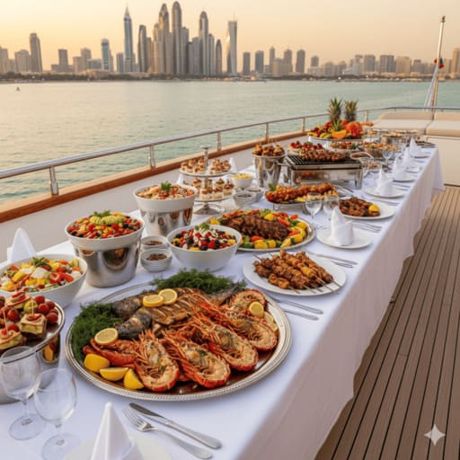 Dubai luxury yacht premium catering and dining.